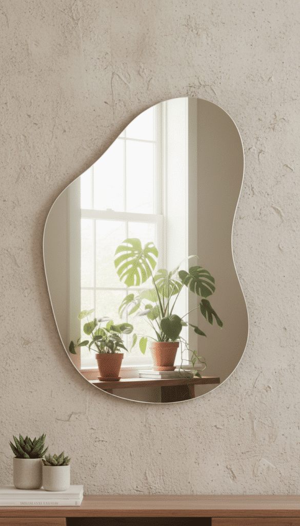 Asymmetrical mirror on wall 26fe391bed