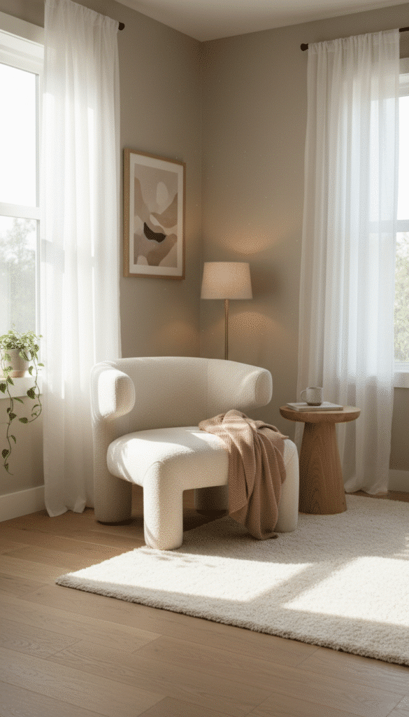 Cream boucl chair bedroom corner c00ccc20f0