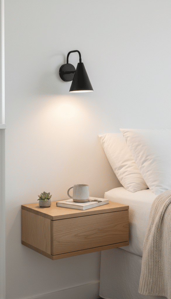 Japandi Minimalist Bedroom Inspiration: 15 Ways to Use Light Wood for a Zen Aesthetic ✨ 4 Original floating nightstand next to a bed critiqu 6cd36f2d21