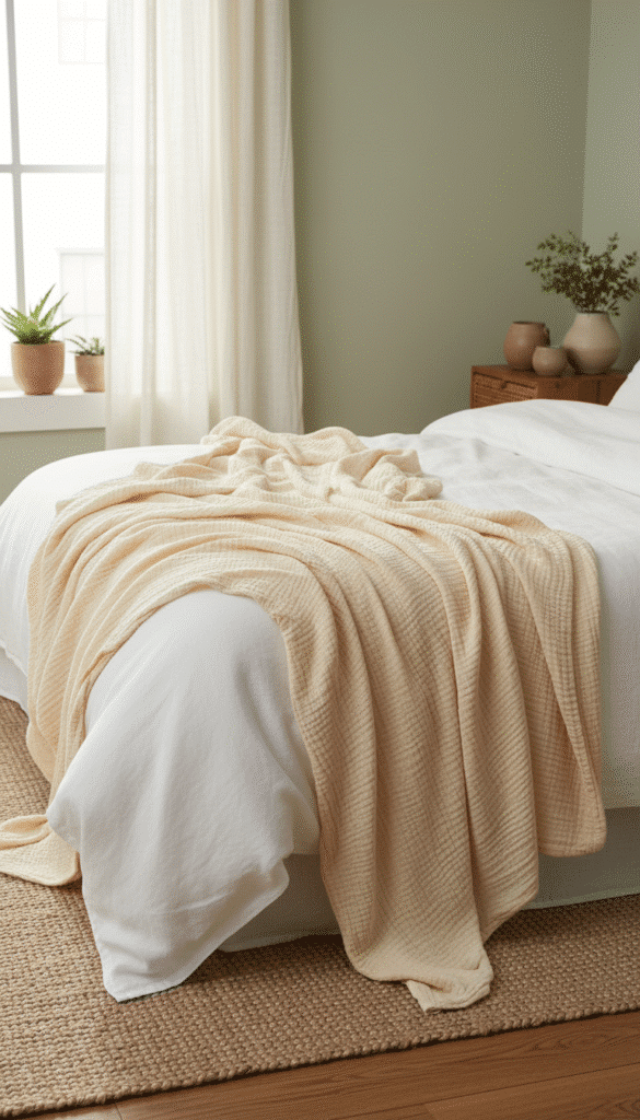 12 Easy Steps to Transition Your Bedroom From Winter to Spring 8 Textured gauze blanket on bed 289fe822e1