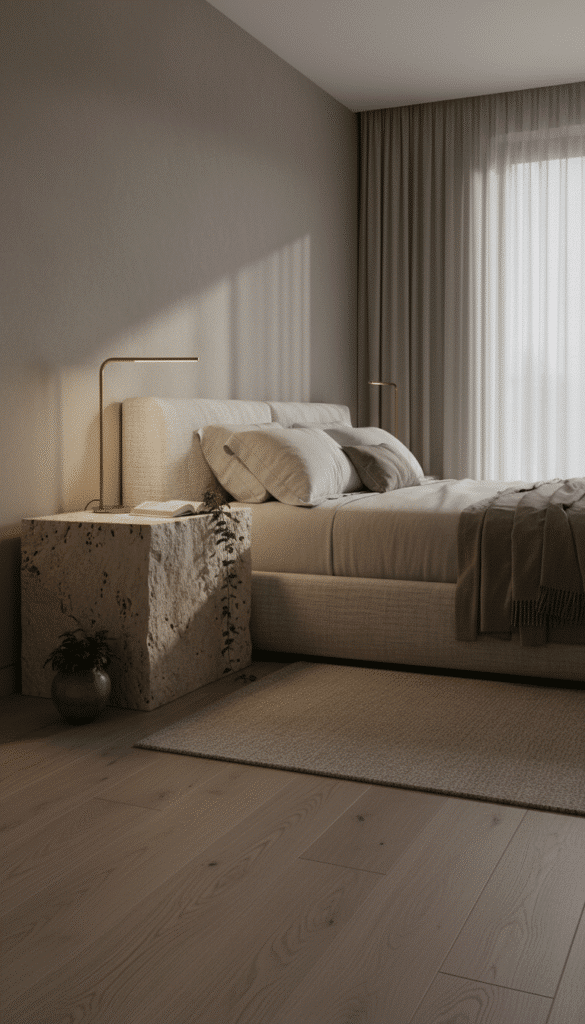 Travertine nightstand next to bed 1d592842e1