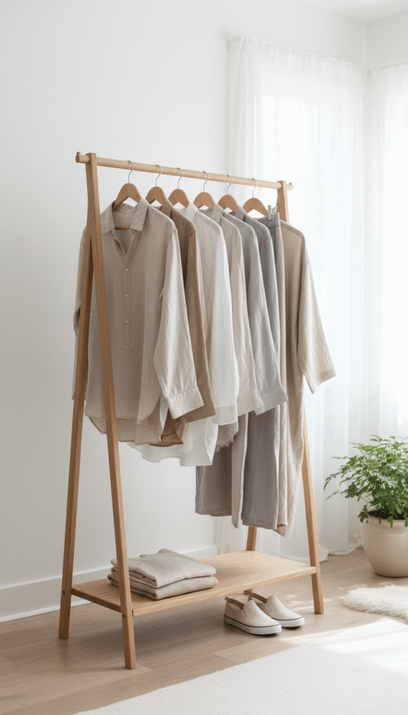 Japandi Minimalist Bedroom Inspiration: 15 Ways to Use Light Wood for a Zen Aesthetic ✨ 12 Wood clothing rack with clothes 1b873e9be4