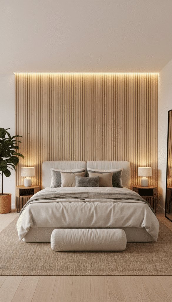 Japandi Minimalist Bedroom Inspiration: 15 Ways to Use Light Wood for a Zen Aesthetic ✨ 3 Wood slats behind bed f2aa01aaec