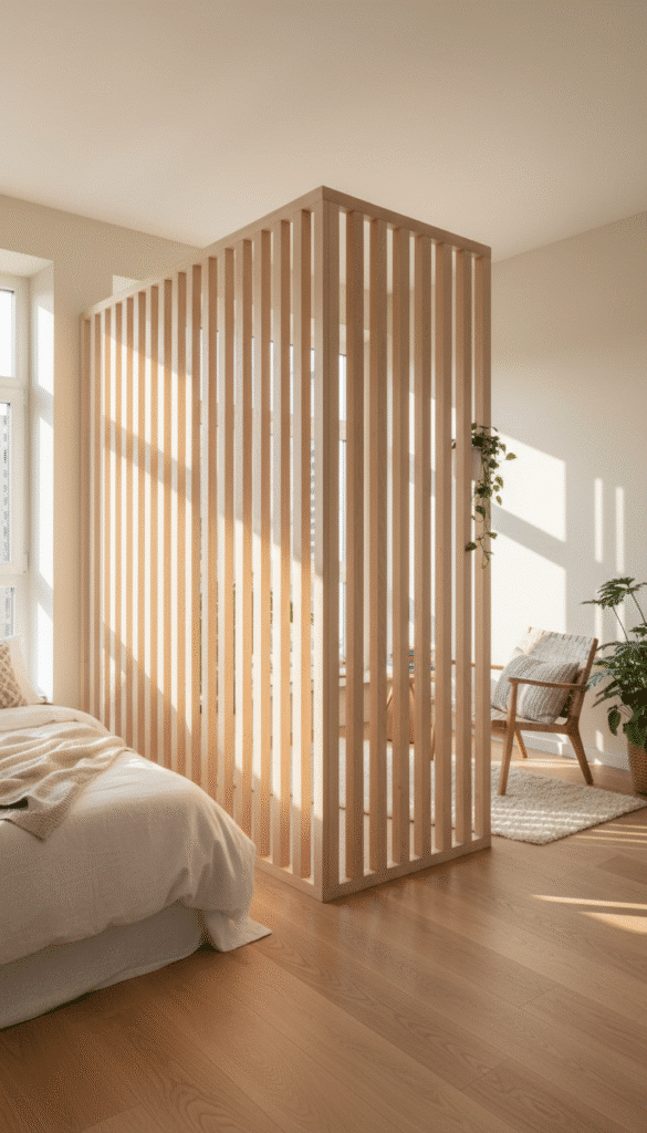 Japandi Minimalist Bedroom Inspiration: 15 Ways to Use Light Wood for a Zen Aesthetic ✨ 10 Wood slatted room divider bedroom f856c744bc
