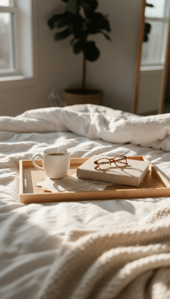 Japandi Minimalist Bedroom Inspiration: 15 Ways to Use Light Wood for a Zen Aesthetic ✨ 8 Wood tray on white bed 12683296e2