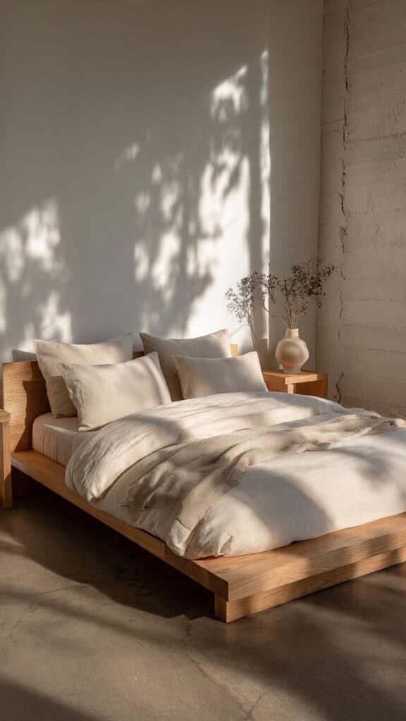 Japandi Minimalist Bedroom Inspiration: 15 Ways to Use Light Wood for a Zen Aesthetic ✨ 2 original a low wood bed in a minimalist room crit