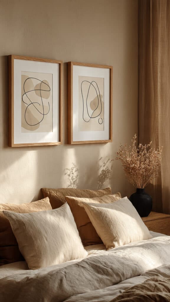 Japandi Minimalist Bedroom Inspiration: 15 Ways to Use Light Wood for a Zen Aesthetic ✨ 5 original art on a wall in wood frames critique ne