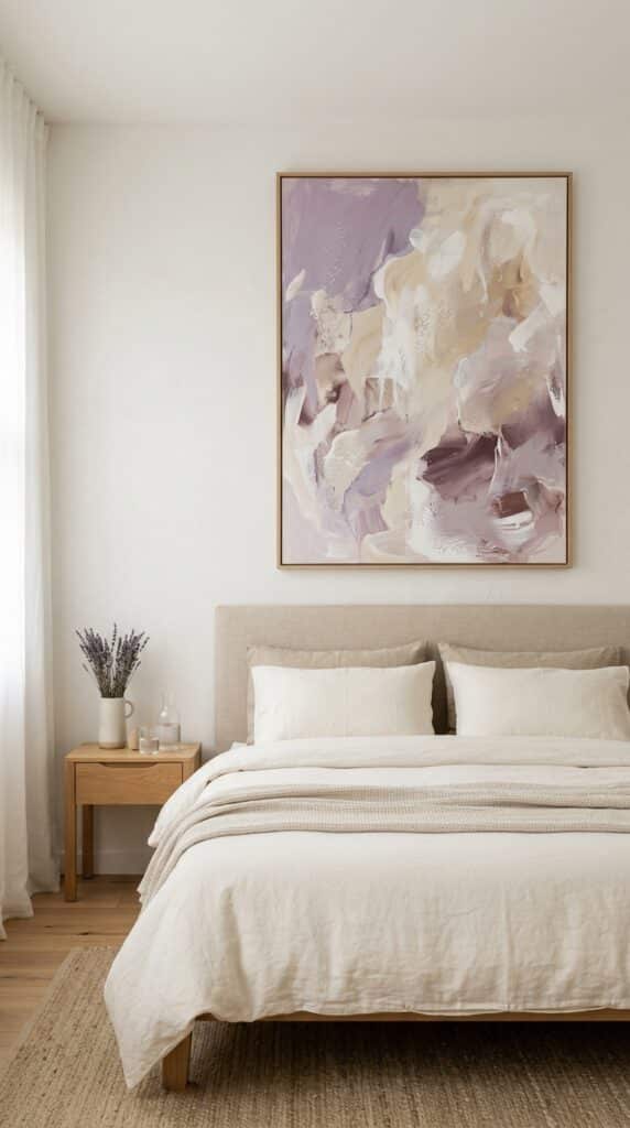 Lavender Haze Bedroom Aesthetic: 10 Dreamy Decor Ideas for a Soft, Romantic Space 9 Abstract art above bed 95ea24511a