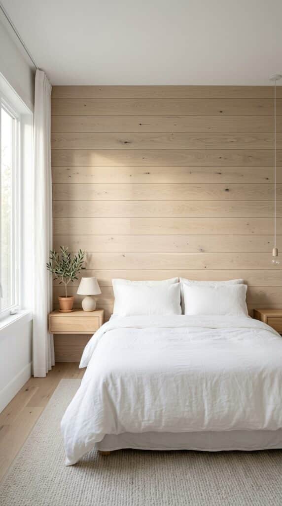 7 White & Wood Spring Bedroom Ideas for 2026 2 Accent wall light oak planks a1583de25d
