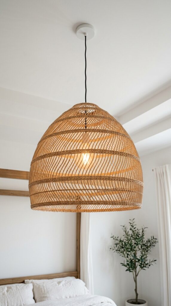 7 White & Wood Spring Bedroom Ideas for 2026 6 Ai image promptoriginalwicker light hanging from t 878fb6e999