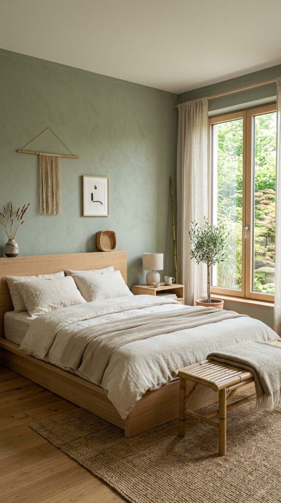 Japandi bedroom sage walls cream 10c2aef3e9