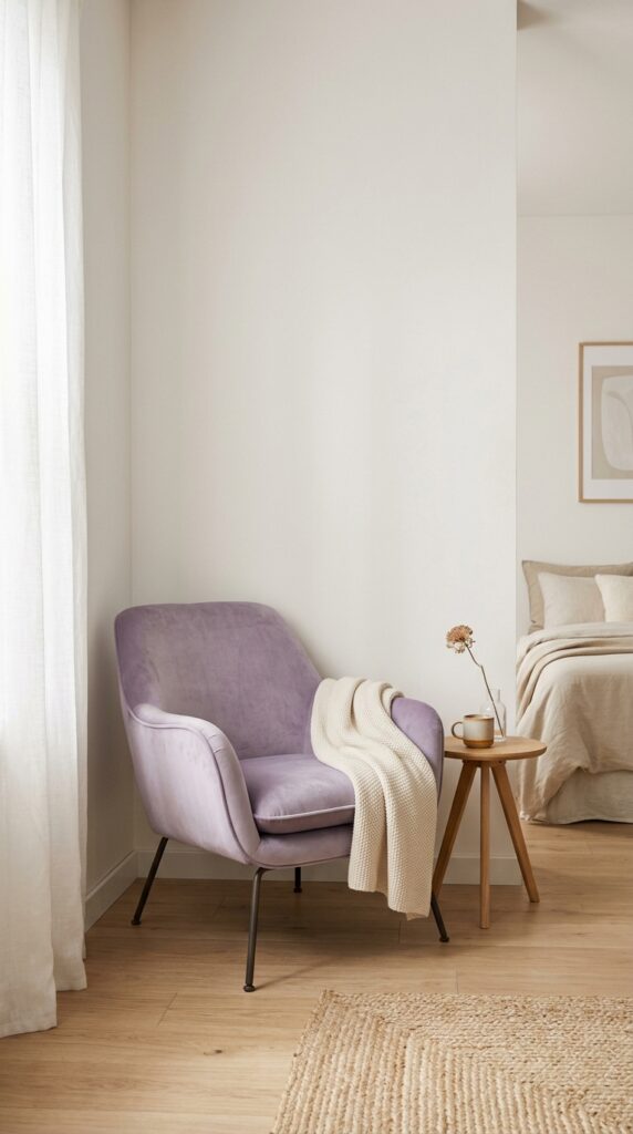 Lavender Haze Bedroom Aesthetic: 10 Dreamy Decor Ideas for a Soft, Romantic Space 10 Lavender velvet chair bedroom 785c658196