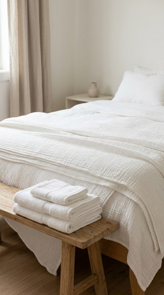 12 Crisp White Bedding Ideas for a 2026 Spring Refresh 8 Layered white muslin gauze bedding b5f2950428