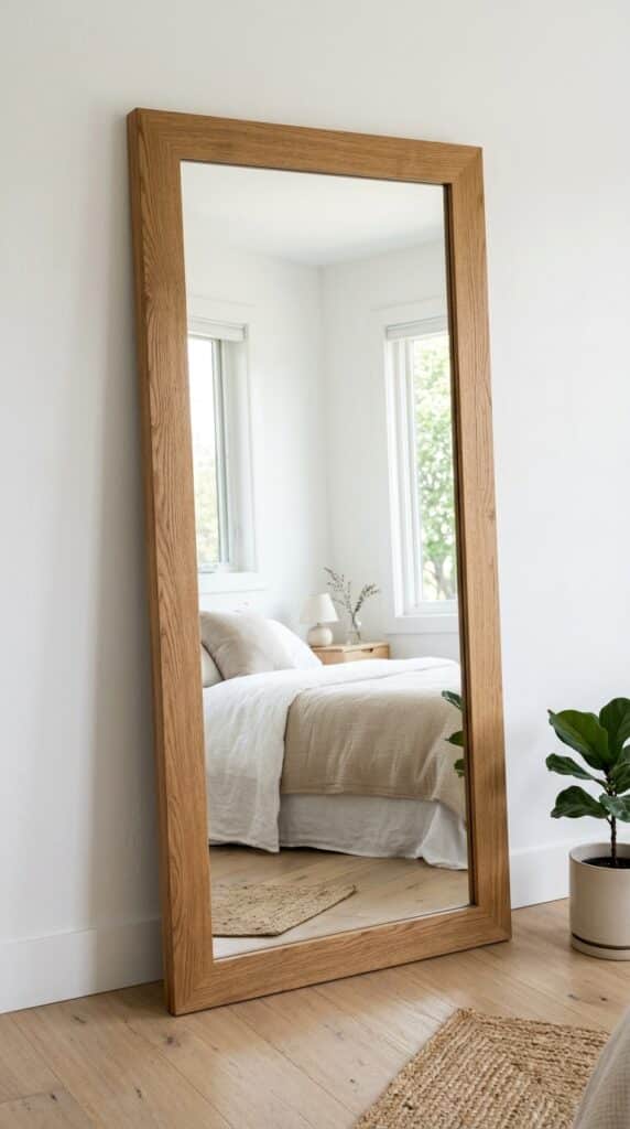 7 White & Wood Spring Bedroom Ideas for 2026 7 Mirror leaned against white wall 0879e609a1