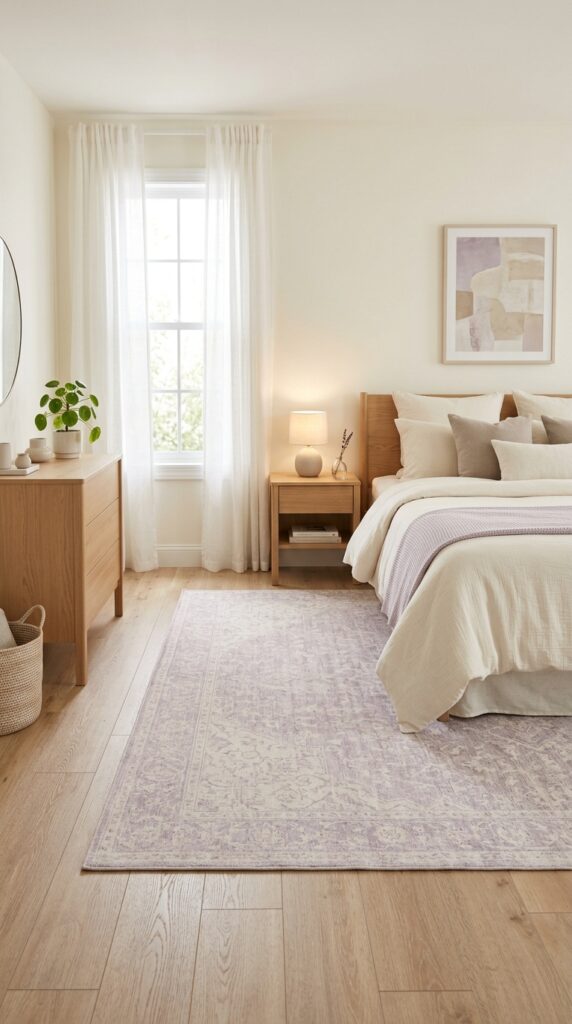 Lavender Haze Bedroom Aesthetic: 10 Dreamy Decor Ideas for a Soft, Romantic Space 6 Neutral bedroom with lavender rug 66c017ef06