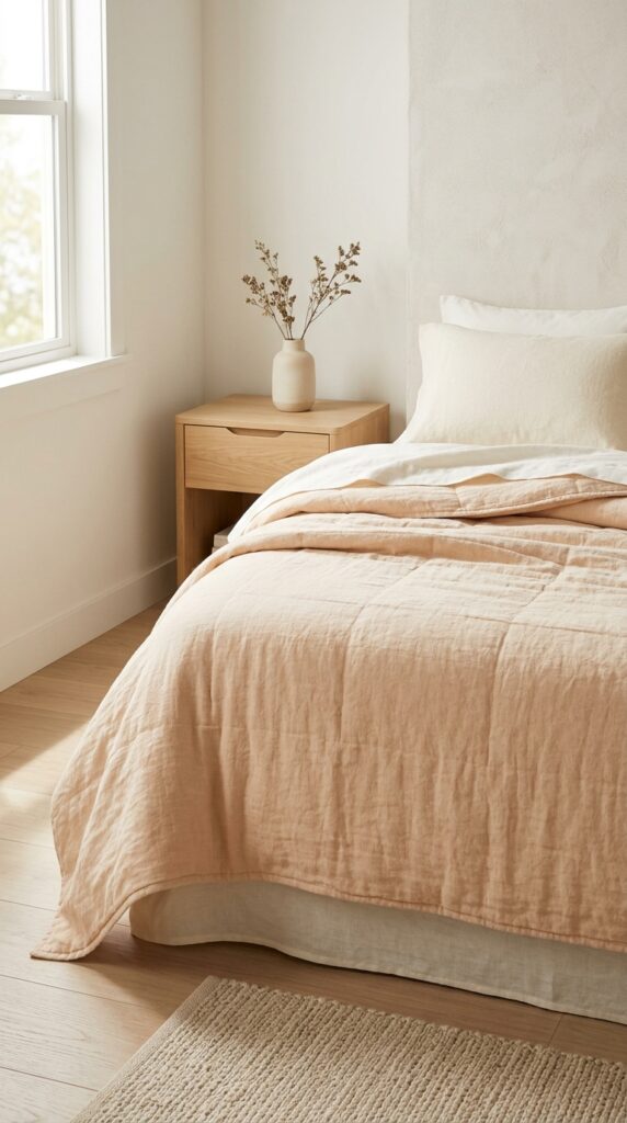 Peach bedroom with linen bedding e5ed831b59