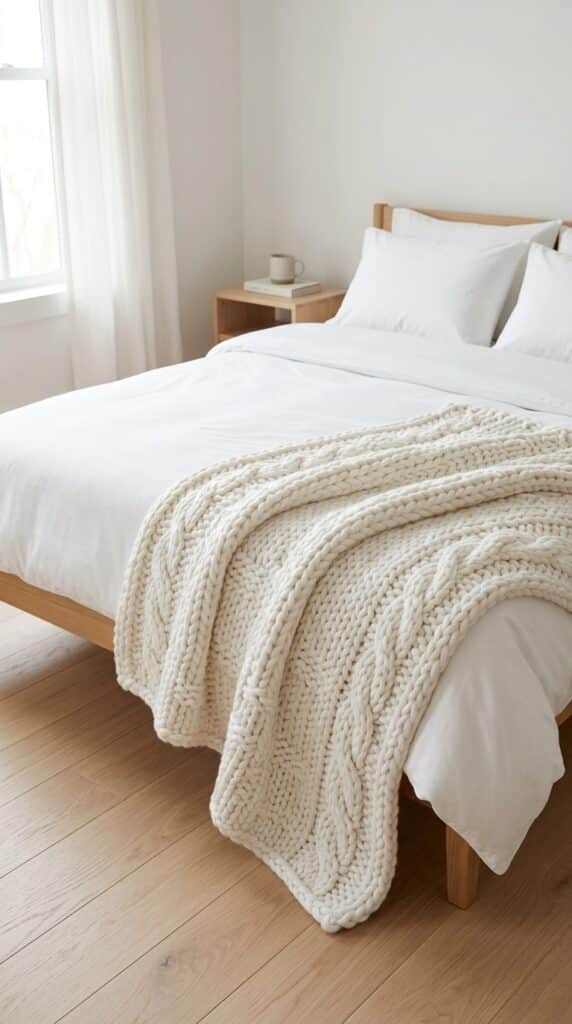 12 Crisp White Bedding Ideas for a 2026 Spring Refresh 13 White bed with knit blanket 82b75acd52