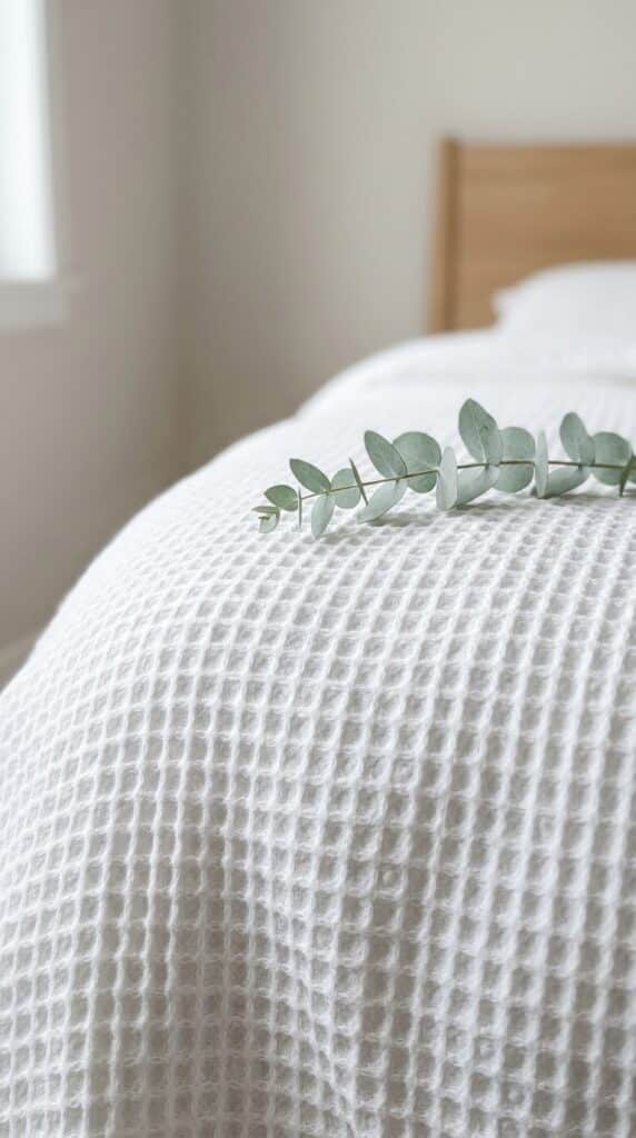 12 Crisp White Bedding Ideas for a 2026 Spring Refresh 3 White bedding with eucalyptus sprig c36cd3cac2