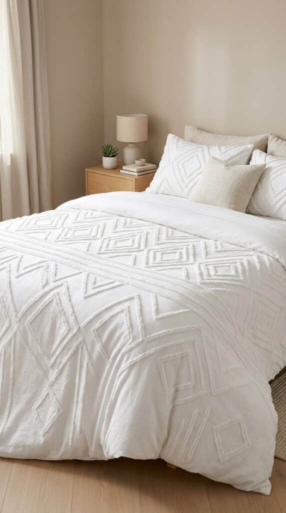12 Crisp White Bedding Ideas for a 2026 Spring Refresh 6 White duvet tufted geometric lines e2177b78c9