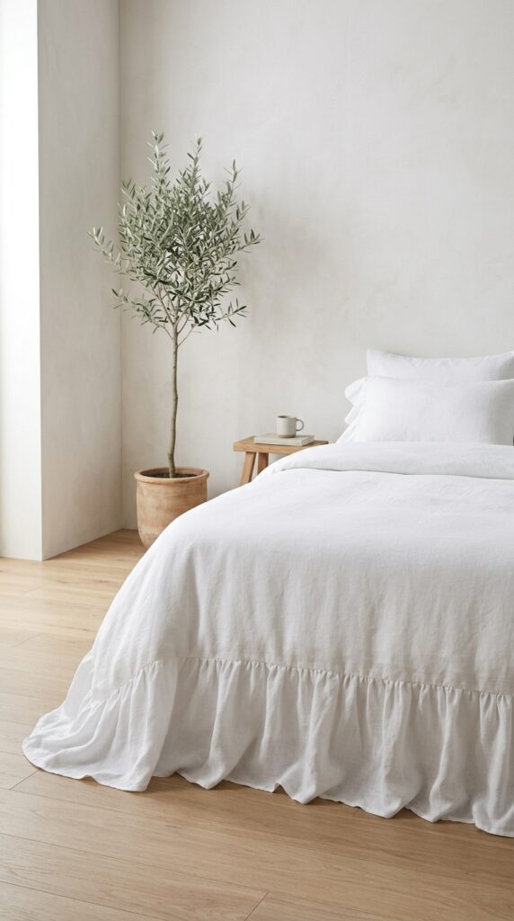 12 Crisp White Bedding Ideas for a 2026 Spring Refresh 9 White linen bed with ruffles 25a769b7e8