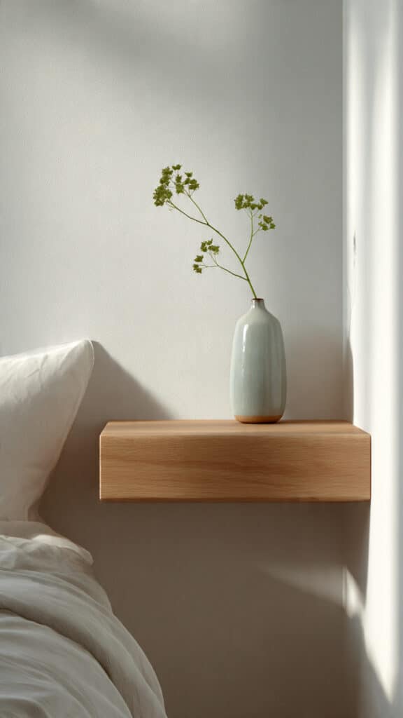 7 White & Wood Spring Bedroom Ideas for 2026 4 ai image prompt original floating shelf by a bed c