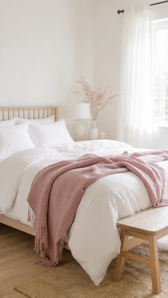 Dusty Rose and White Bedroom Ideas: 18 Elegant Decor Palettes for a Timeless Look 4 draft image prompt white bed with dusty rose throw