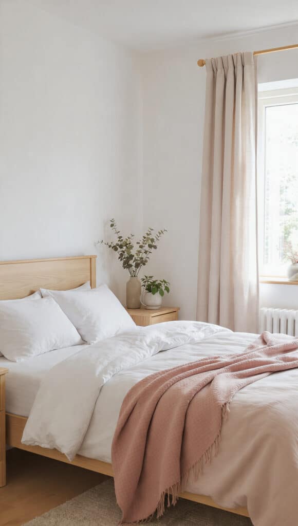 Dusty Rose and White Bedroom Ideas: 18 Elegant Decor Palettes for a Timeless Look 16 draft image prompt white bedroom with taupe curtai