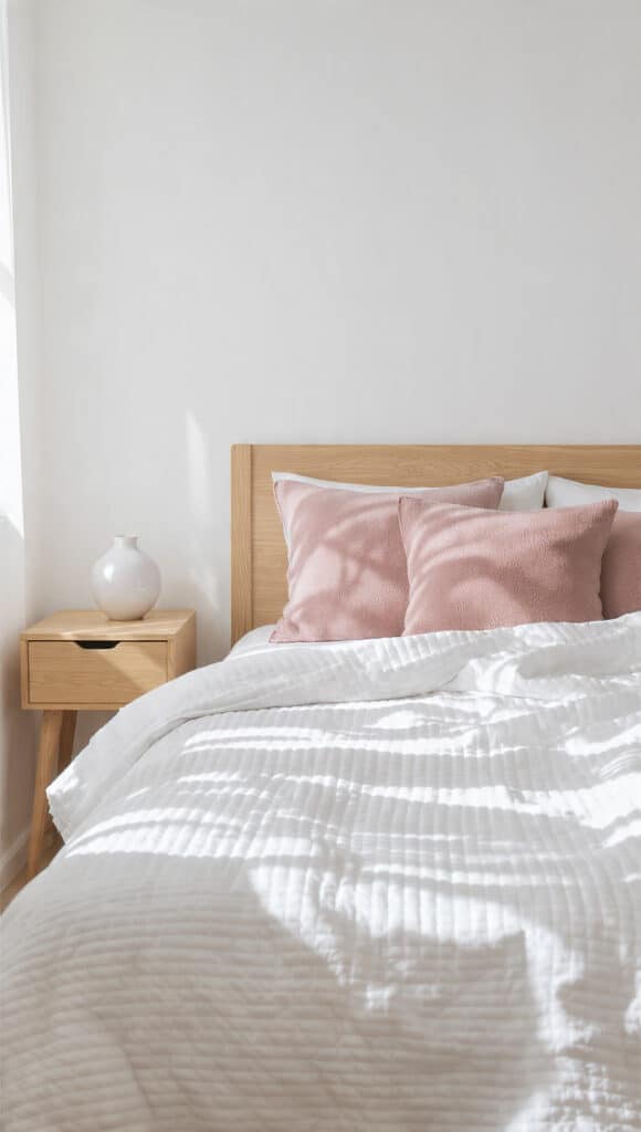 Dusty Rose and White Bedroom Ideas: 18 Elegant Decor Palettes for a Timeless Look 11 draft image prompt white textured bed with dusty r