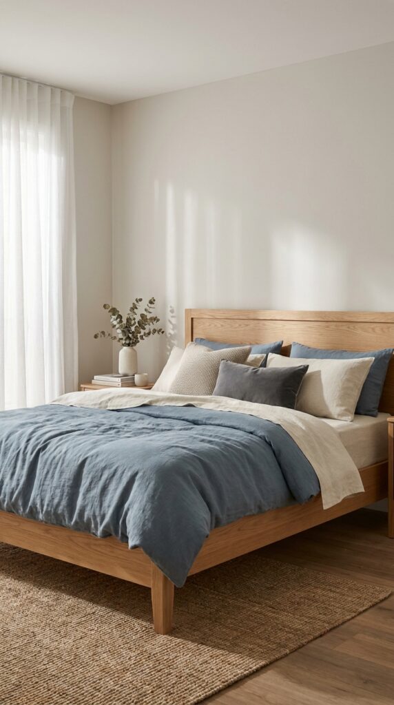 Bedroom with blue duvet pillows 202604291152
