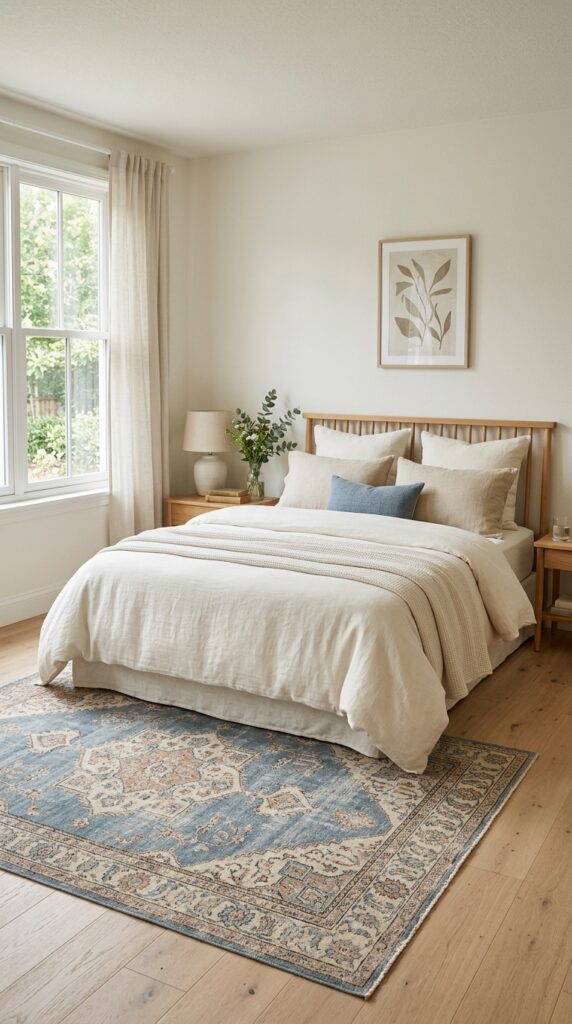 Bedroom with dusty blue rug 202604291206