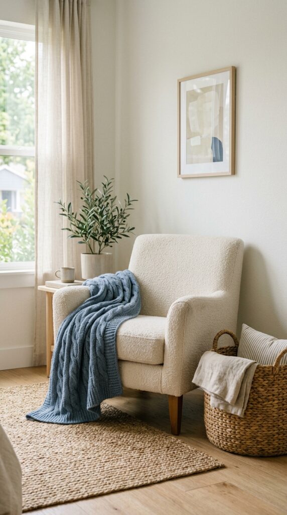 Cream armchair with knit throw 202604291203