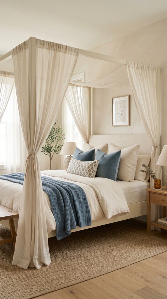 Cream canopy bed neutral bedroom 202604291206