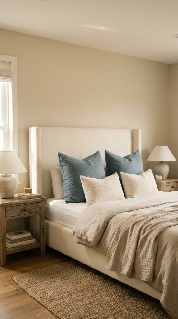 Cream headboard with blue pillows 202604291152