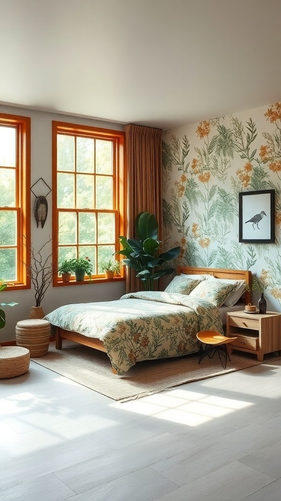 A bright and airy bedroom with nature-inspired decor, featuring floral wallpaper, wooden furniture, and lots of greenery.