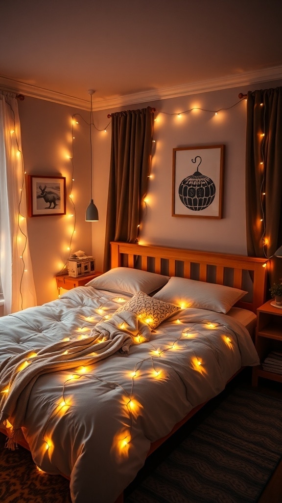 A cozy bedroom with fairy lights draped around curtains and bedding