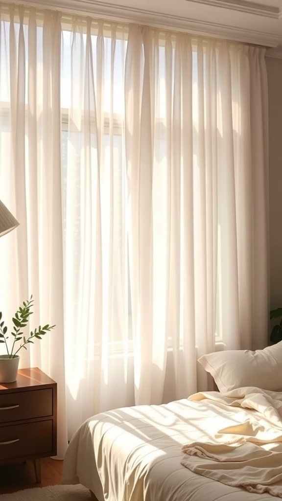 Cozy bedroom with soft curtains allowing natural light to filter through.