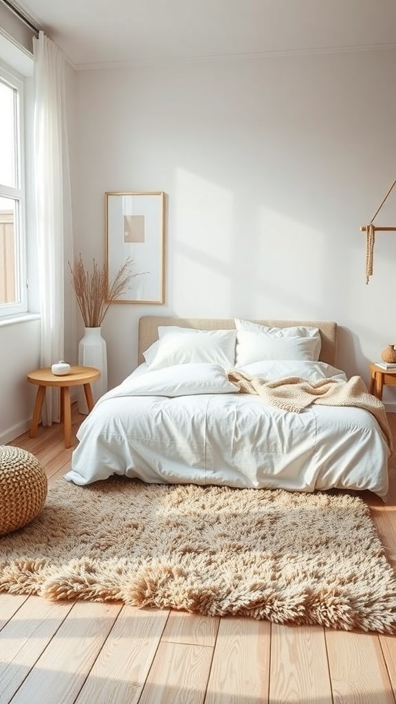 Cozy bedroom with a textured rug under the bed, creating a warm atmosphere.