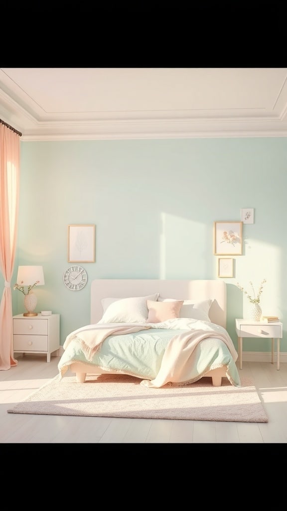 A serene bedroom with mint green walls, soft light curtains, and cozy bedding.