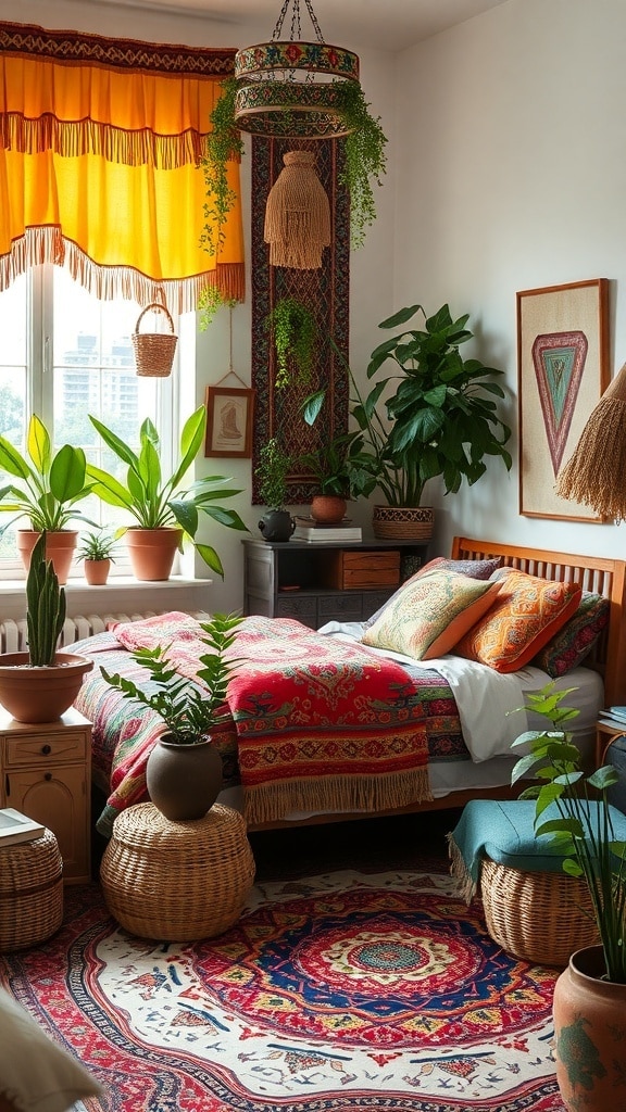 A vibrant and cozy bedroom with Bohemian decor, featuring plants, colorful textiles, and warm lighting.