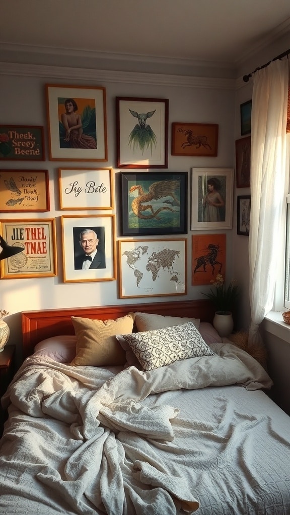 A cozy bedroom setup featuring a gallery wall of unique art pieces above a neatly made bed.