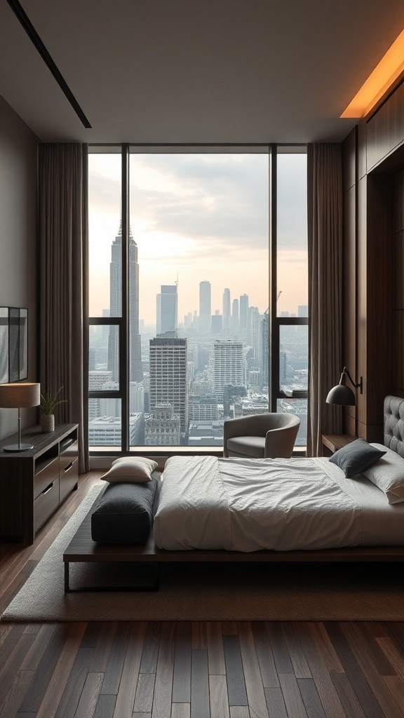 A sophisticated urban bedroom with a stunning city skyline view, featuring modern decor and a cozy layout.