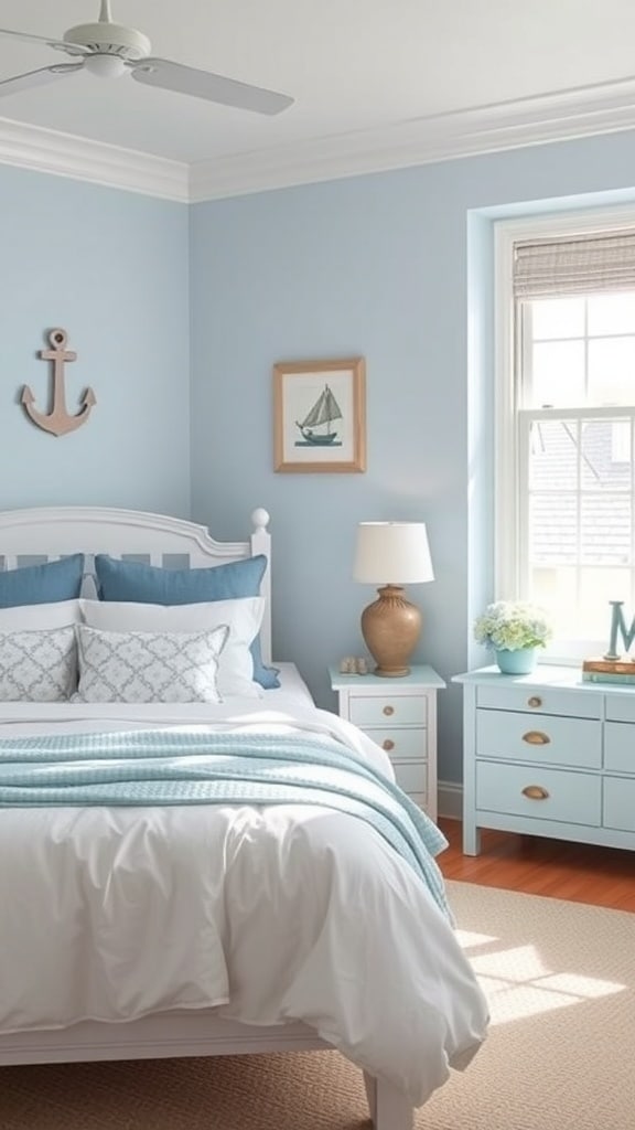 Coastal-inspired bedroom with blue walls, white bedding, and nautical decor