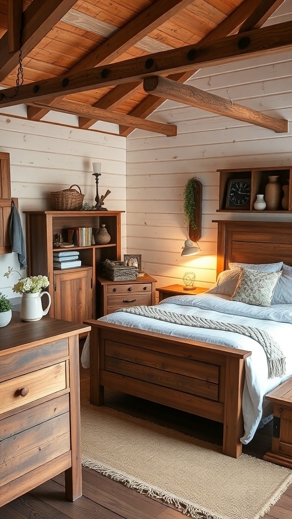 Cozy rustic farmhouse bedroom with wooden furniture and warm tones