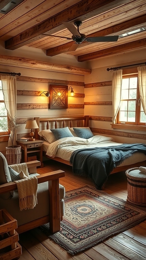 Cozy rustic bedroom with wooden accents and soft textiles.