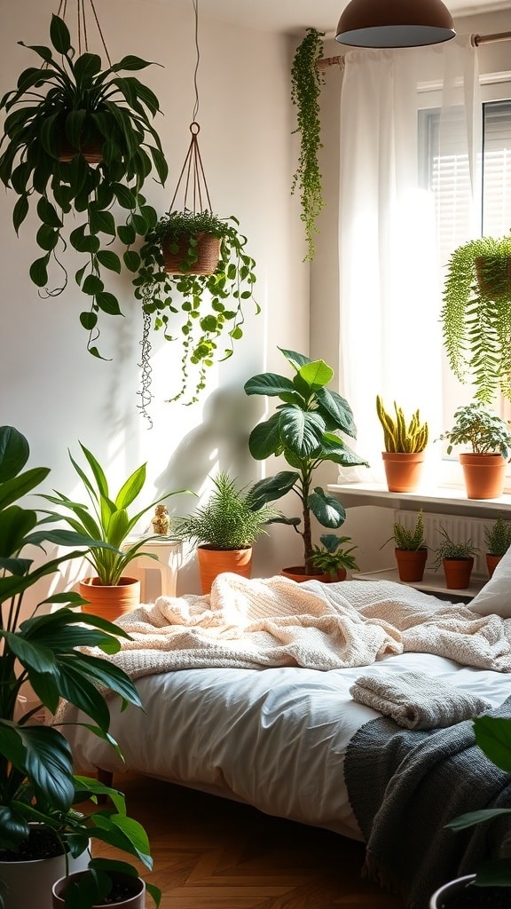 Cozy bedroom setup with various indoor plants, including hanging and potted plants around a bed.
