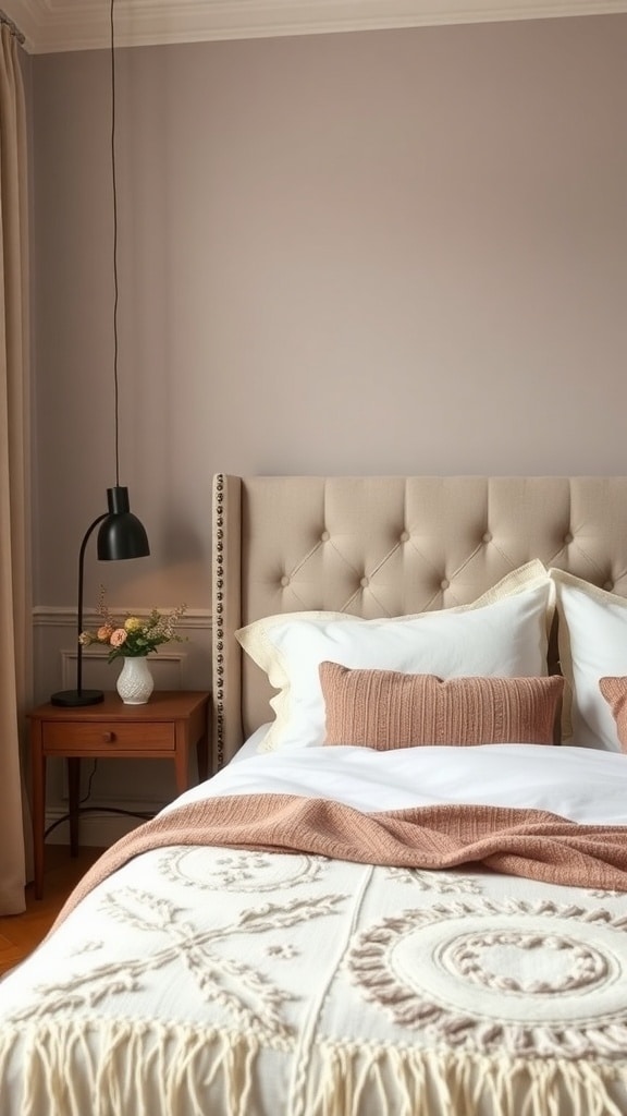 Cozy warm aesthetic bedroom setup with a tufted headboard and soft bedding.