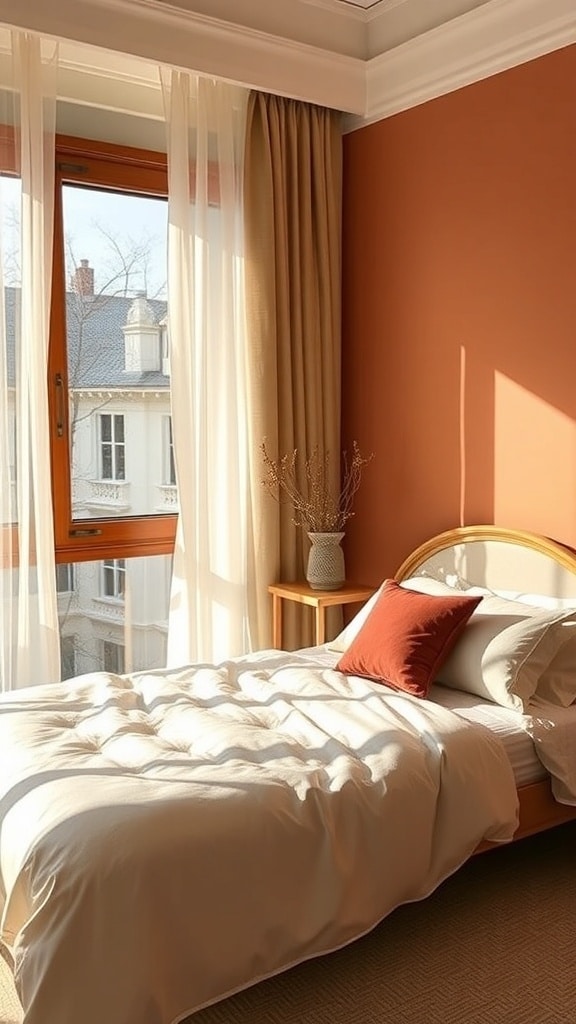 A cozy bedroom featuring warm color palettes with a terracotta wall and soft bedding.