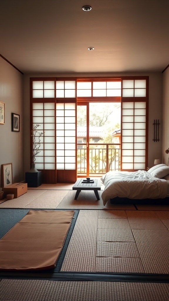 A serene Japanese bedroom featuring tatami mat flooring, sliding windows, and minimalist design.