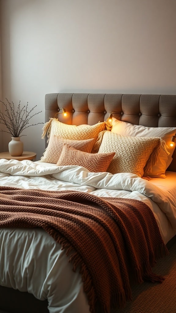 Cozy bedroom setup with layered bedding and textured pillows.
