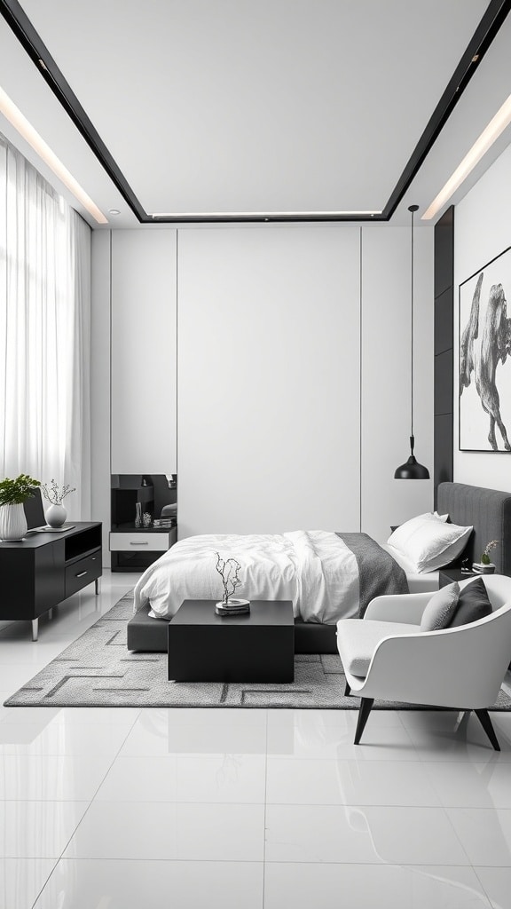 A modern, monochrome bedroom featuring white walls, a dark bed frame, and minimalist decor.